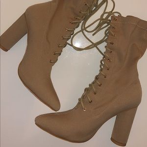 Nude lace up heel booties